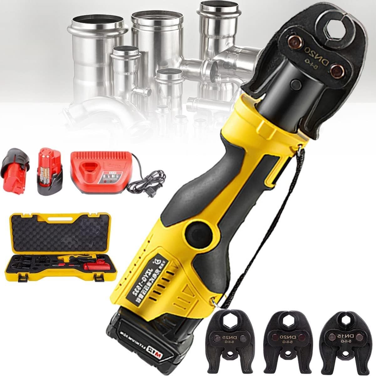 Plumbing Pipe Press Tool Kit,Pro Press Tool for Copper Pipe,for Pipe Diameter from 16 to 28.6mm,with 2 X 12V Batteries,3 Dies DN15,DN20,DN25 Battery Powered Hydraulic Pipe Pressing Tools(Series2)