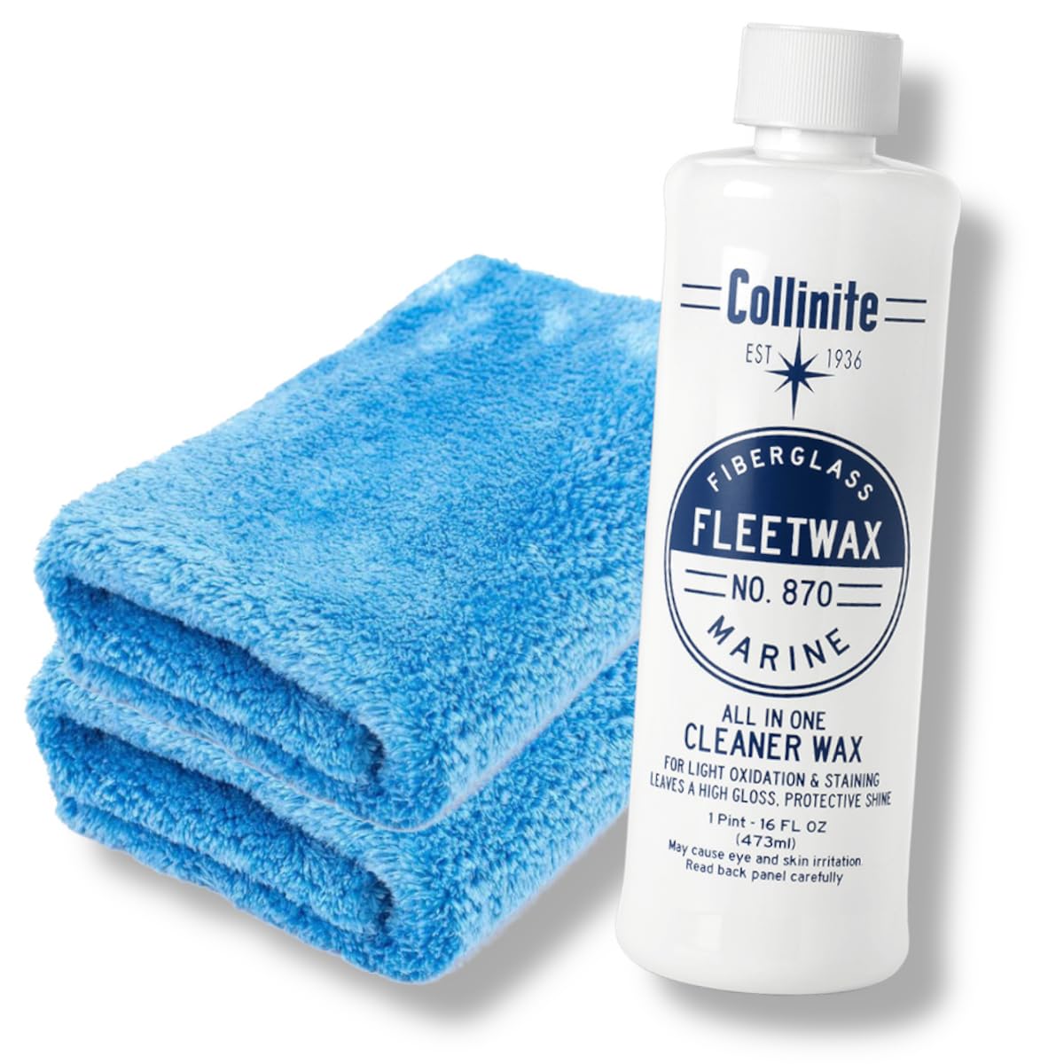 COLLINITE No 870 Marine Fleetwax 2in1 Boot Politur Versiegelung Set | Gelcoat Versiegelung GFK Pflege | wasserabweisende Lackvesiegelung Schutz vor Salz, Wasser & UV mit 2 Premium Poliertücher