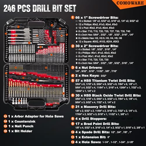 Image of COMOWARE 246 Pcs Drill Bit Set with Case for Wood, Metal, Masonry, Cement and Screwdriver Bits