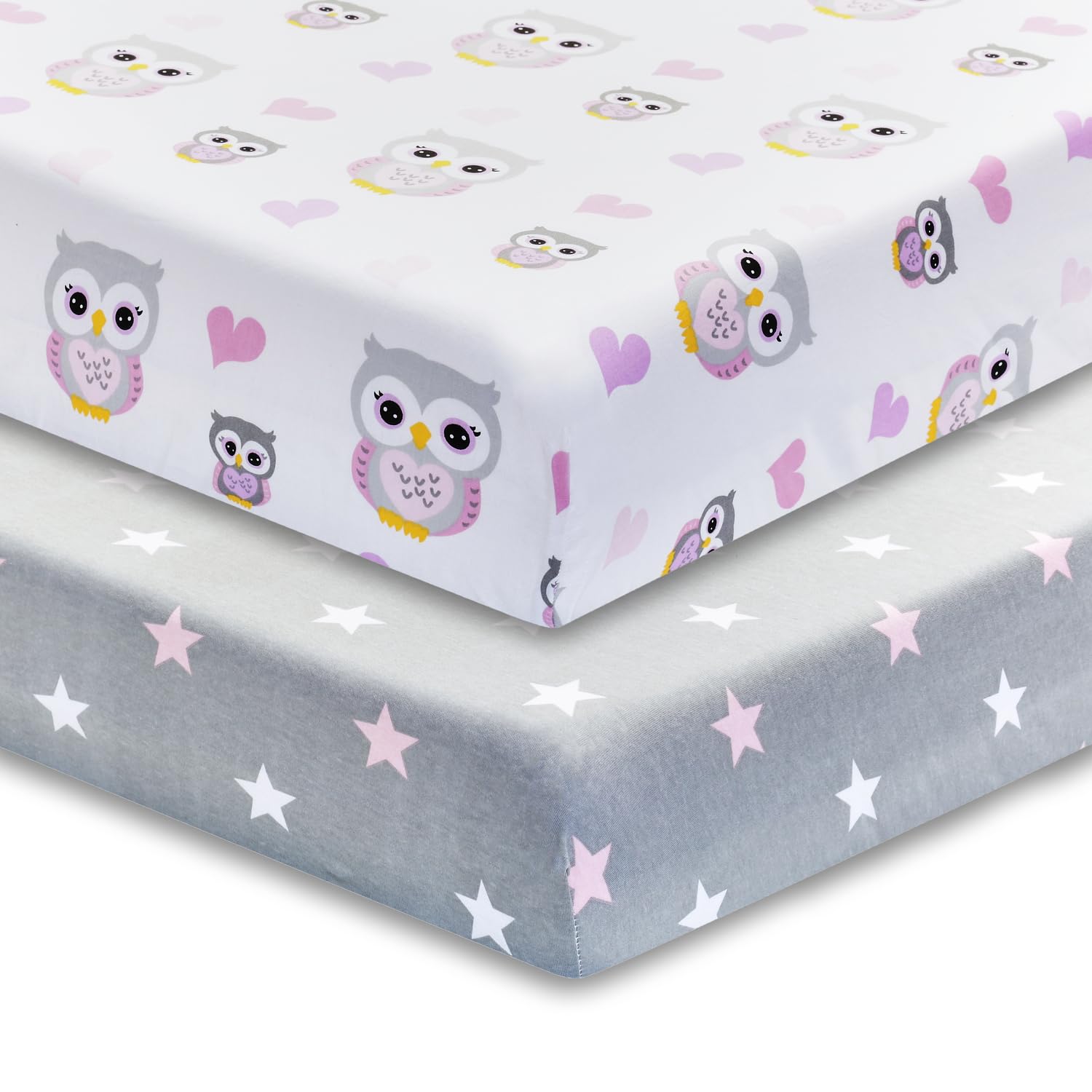 Paquete de 2 sábanas bajeras para cuna para niñas en 100% algodón de punto jersey – Sábanas de colchón de cuna para niña con un tema natural de búhos con corazones morados y rosas y una sábana gris