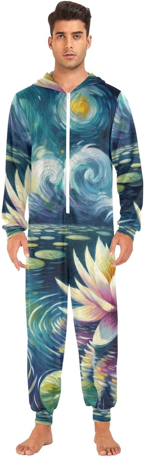 GAIREG Vintage Starry Night Water Lily Onesie Pajamas Men's Women's, Soft One-Piece Christmas Pajamas