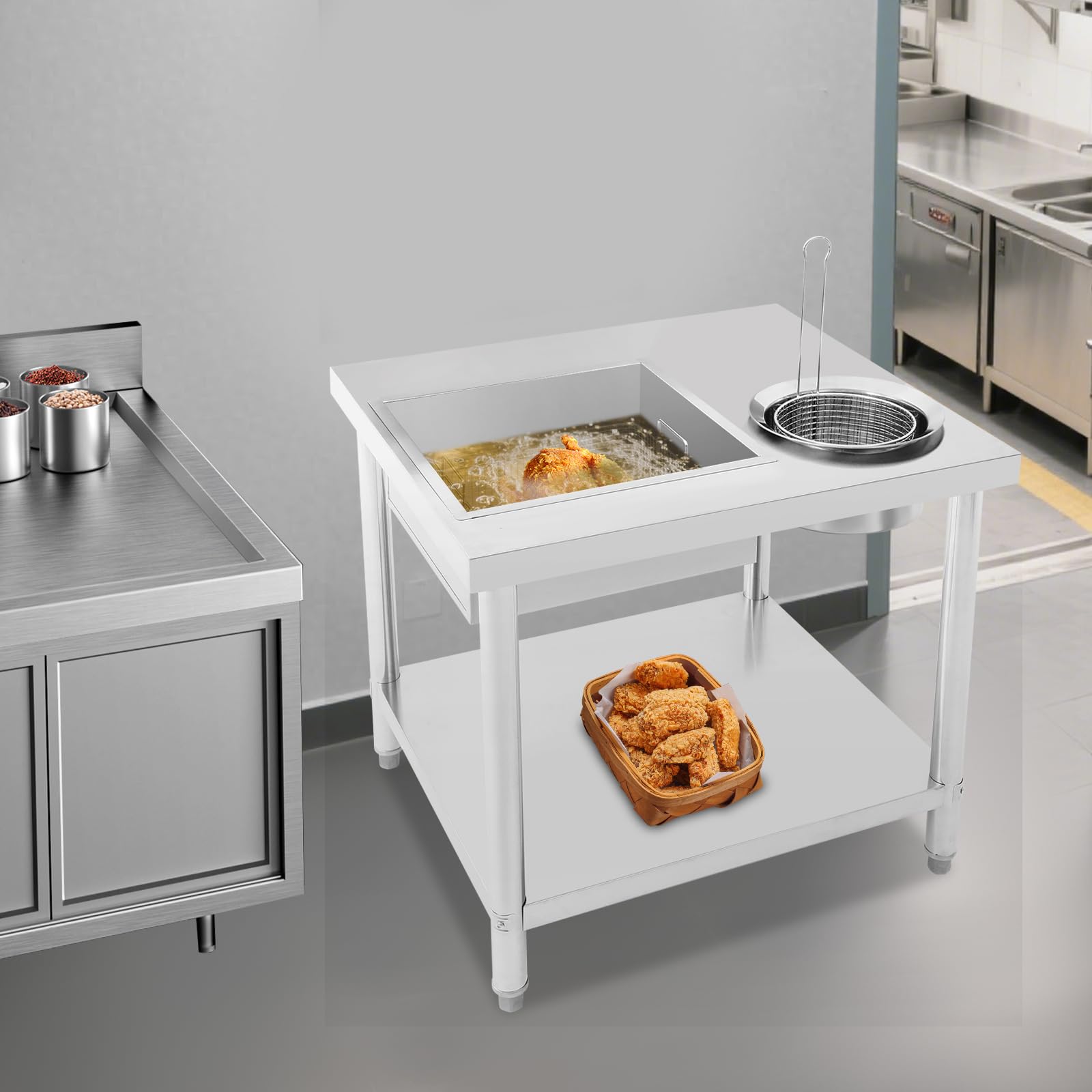 Tavolo di preparazione per pollo, in acciaio inox, struttura stabile, regolabile in altezza, tavolo di preparazione manuale con contenitori e cestini in acciaio inox, per fast food e ristorante