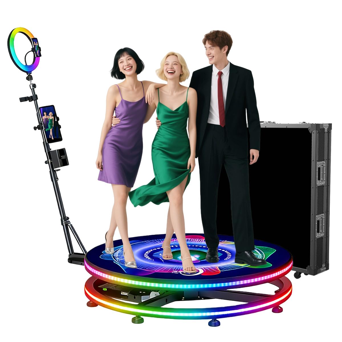 Máquina de fotomatón de 360 grados, pantalla holográfica mejorada, cámara automática de giro lento de 360 grados en control de aplicación, logotipo personalizado, luz RGB, con funda de vuelo (80 cm)