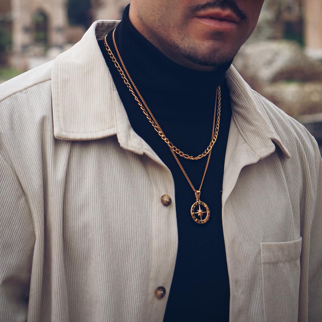 DVRK® Set Regalo Hombre 2 Collares en Caja Joyería - Pack 2 Cadenas Bañadas en Oro 18k sobre Base de Acero Inoxidable 316L - Regalo Novio, Pareja, Padre, Papa (Pack Cadena Figaro y Collar Compass)