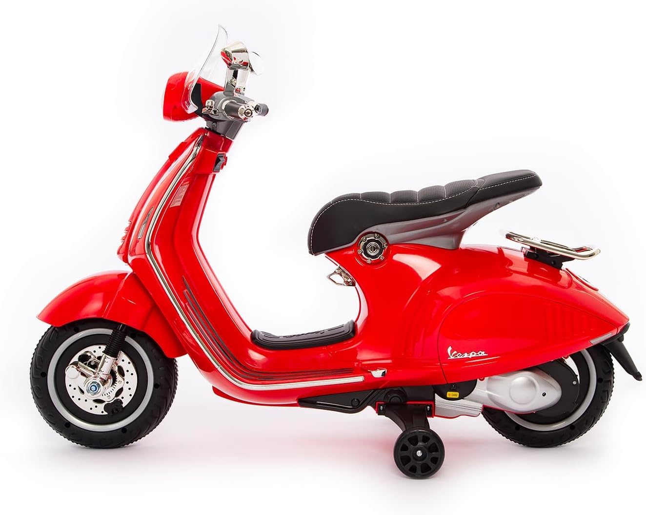 BabyCar Vespa Electrique Enfants | Moto Electrique Enfants 12V Style Vespa 946 avec Lumières, Sons Intégrés, MP3/USB et Roues Stabilisateur | 2 Moteurs de 25W avec Accélérateur à Pédale | Rouge