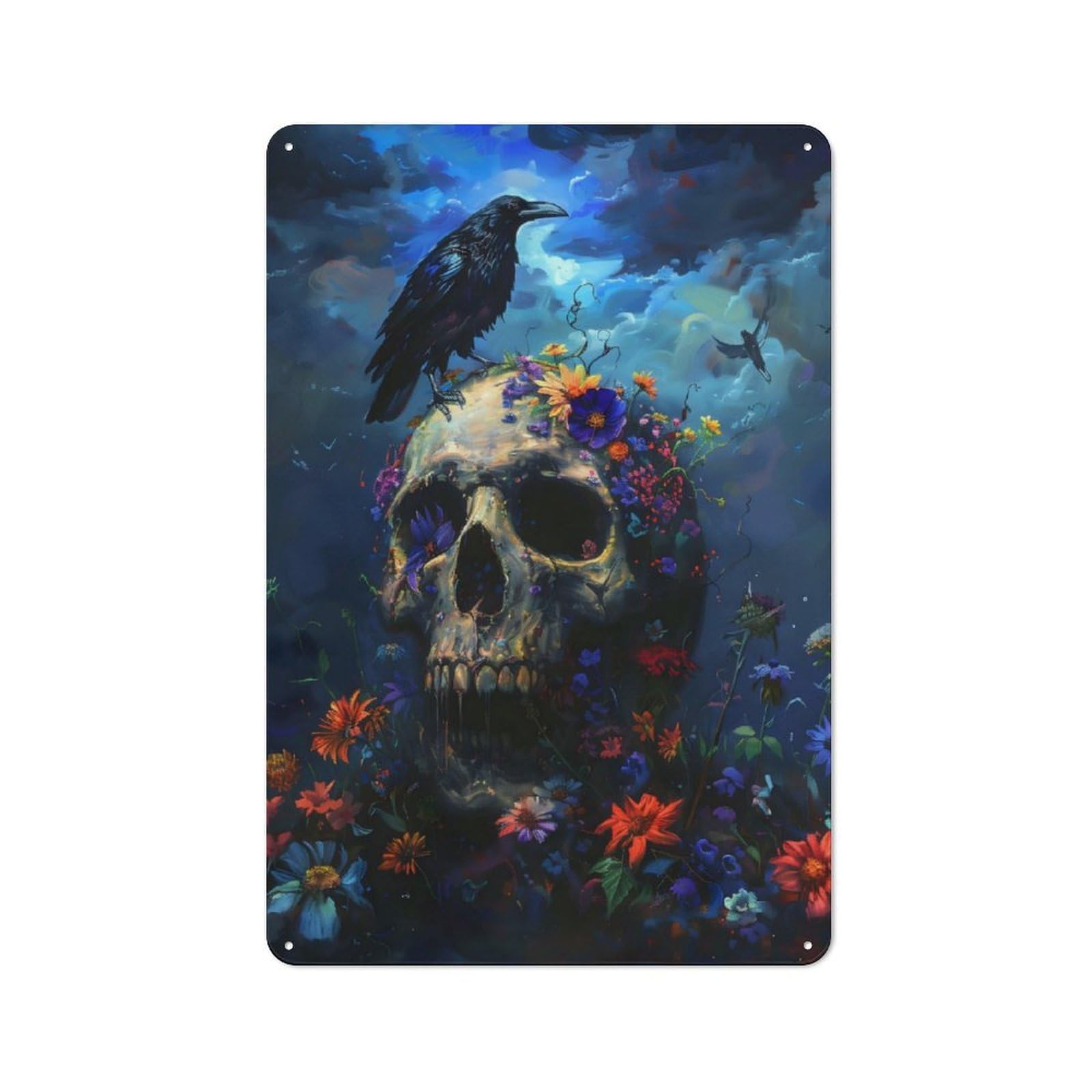 Junmoney Raven Skull Flowers Vintage Tin Wall Plaque 30X20cm For Workshop Wall, A Decorative Christmas Gift For Makers And Diy Enthusiasts