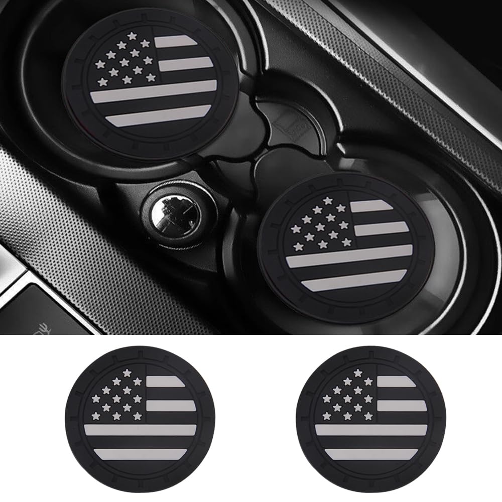 ACODABLEM 2 Pack Car Cup Holder Coaster, 2.75 Inch American Flag Soft Rubber Pad Set Round Auto Cup Holder Insert Drink Coaster Car Interior Accessories (Black White) - cup holders | Mubboo