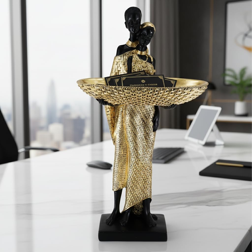 Lescafita Afrykańskie posągi i rzeźby do wystroju wnętrz, 38 cm, plemienne figurki artystyczne do dekoracji salonu, złoty vintage estetyczny ornament na półkę z książkami i stoły, prezenty na
