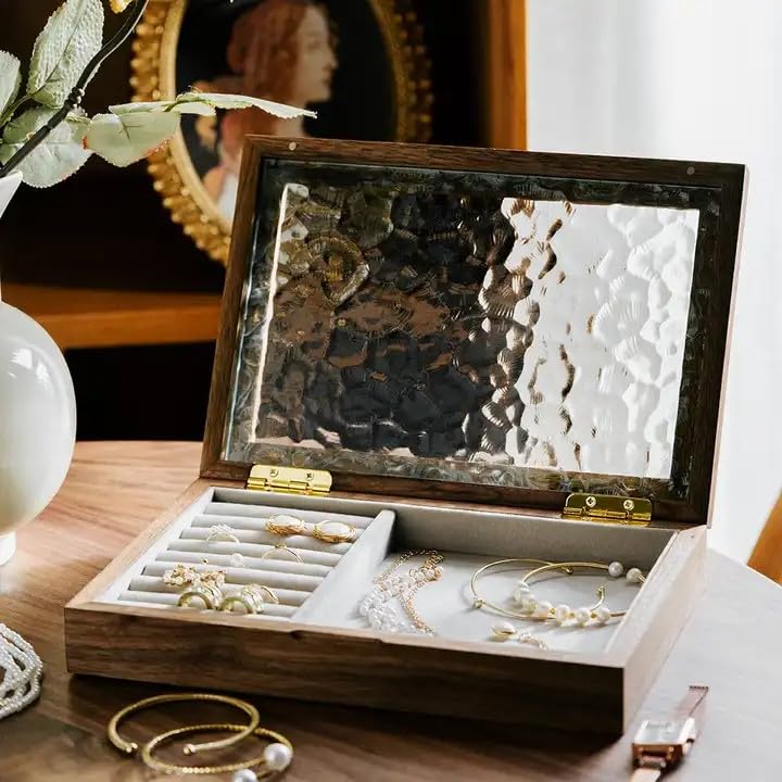 Amazon.com: AHNIK Wooden Vintage Glass Jewelry Box, Solid Wood