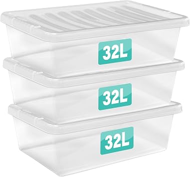 3 x 32 Litre Underbed Clear Plastic Storage Boxes With Lids Set of 3, Transparent Multipurpose Nestable Stackable Plastic Box With Lid Containers For Home, Kitchen, Garage, Office, Accessories