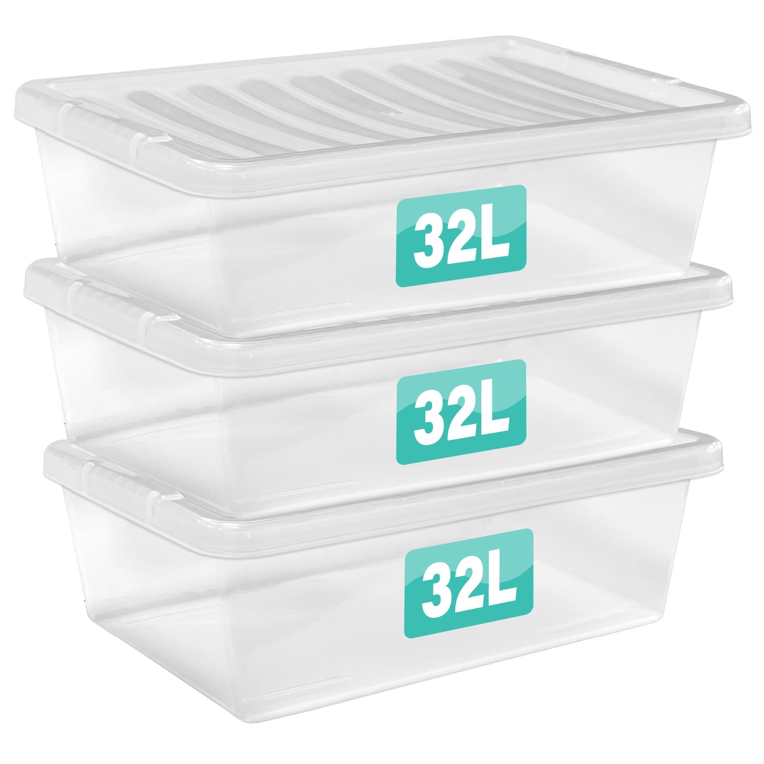 3 x 32 Litre Underbed Clear Plastic Storage Boxes With Lids Set of 3, Transparent Multipurpose Nestable Stackable Plastic Box With Lid Containers For Home, Kitchen, Garage, Office, Accessories