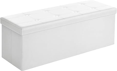 SONGMICS Tabure 120 Litre, Saklama Kutusu, Tabure, Katlanabilir, 300 Kg'A Kadar Yük, Sentetik Deri Kapak, Döşemeli, Beyaz Lsf702