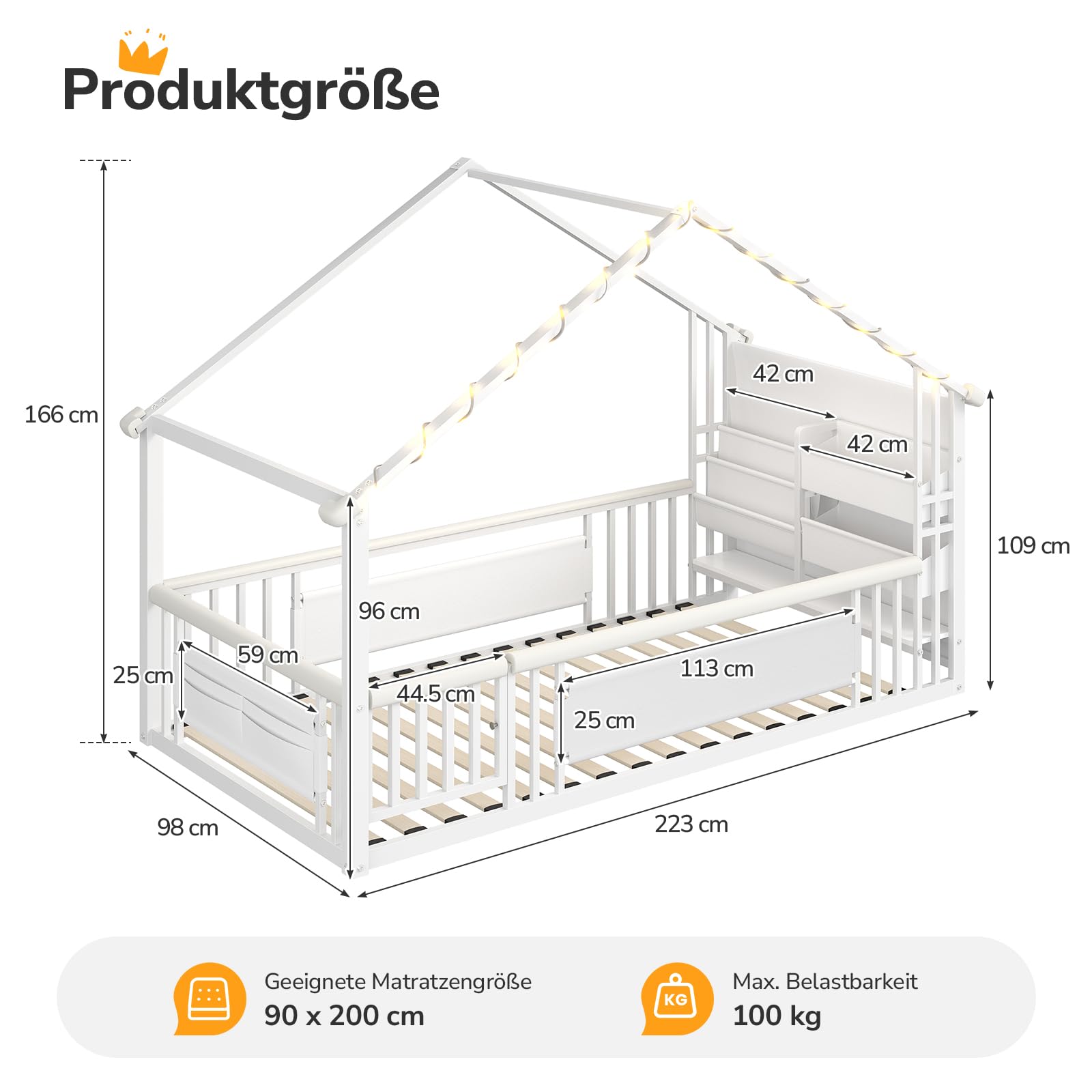 Hausbett 90x200 Metall nach Montessori mit LED, Weiß