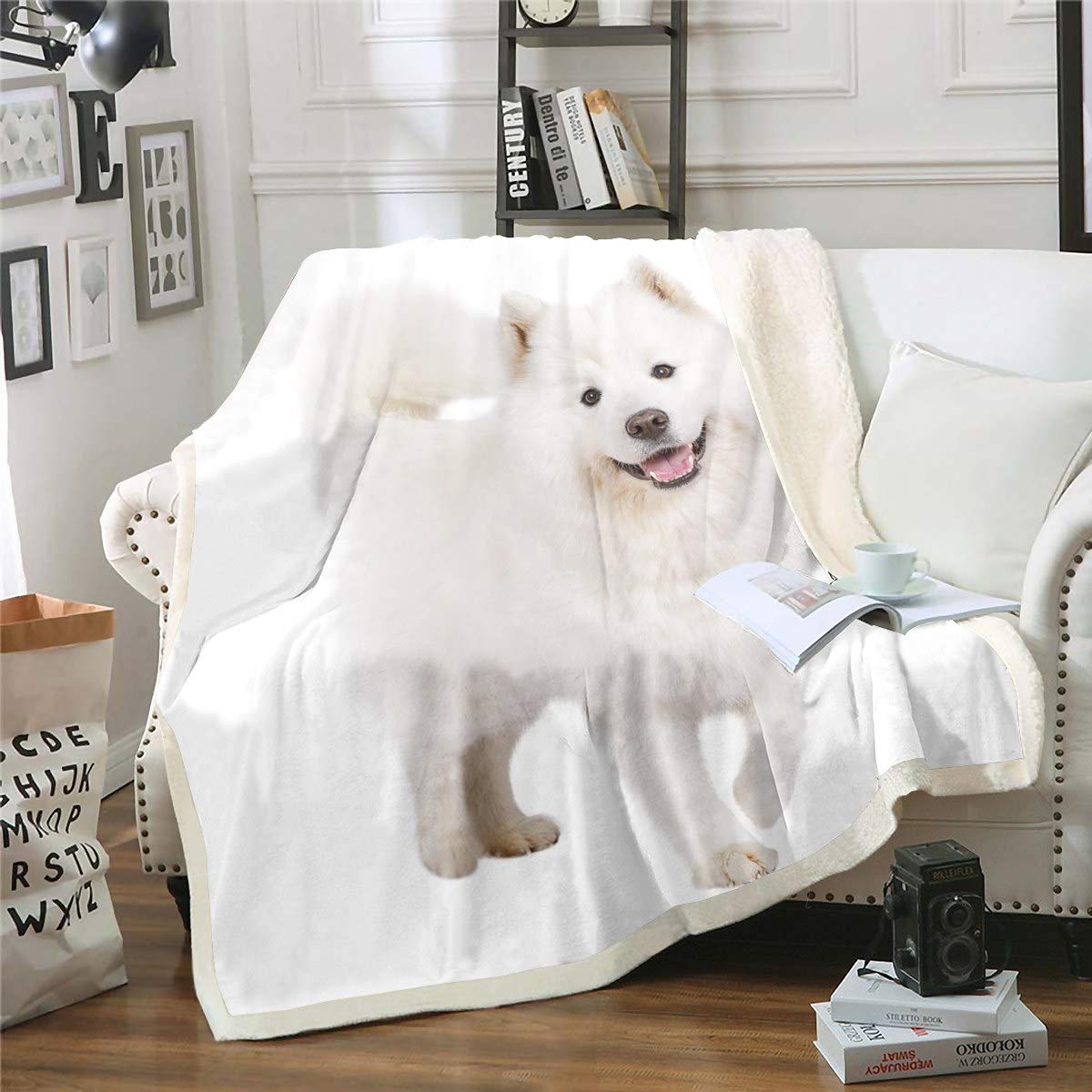 Sherpa Dog Printed Plush Blanket - White, 3D Animal Pattern, Fuzzy, 50x60 Inch, Perfect for Kids, Girls, Youth, Sofa, Bed, Couch