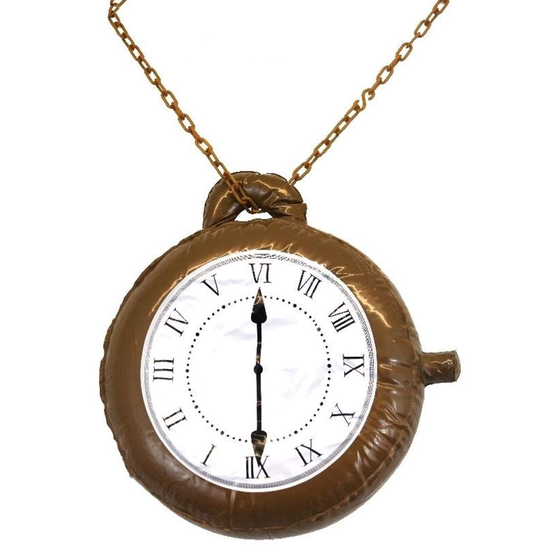 INFLATABLE CLOCK POCKET WATCH ON PLASTIC CHAIN BLOW UP PROP FANCY DRESS ACCESSORY