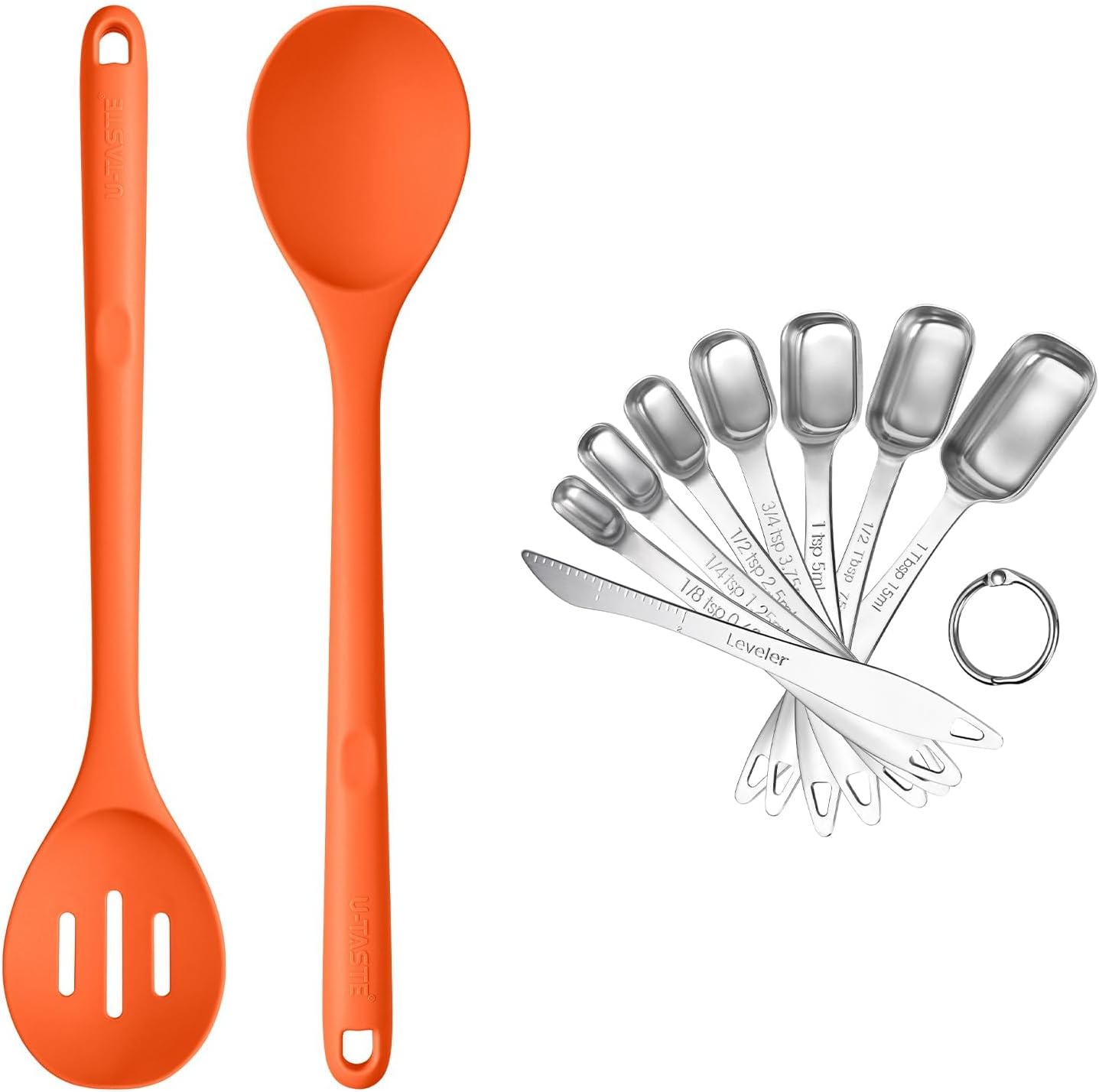U-Taste 600ºF Heat Resistant Silicone Spoons, 13.3in Solid & Slotted Kitchen Mixing Tool, and 18/8 Stainless Steel Square Measuring Spoons Set of 8 (Orange+Silver)
