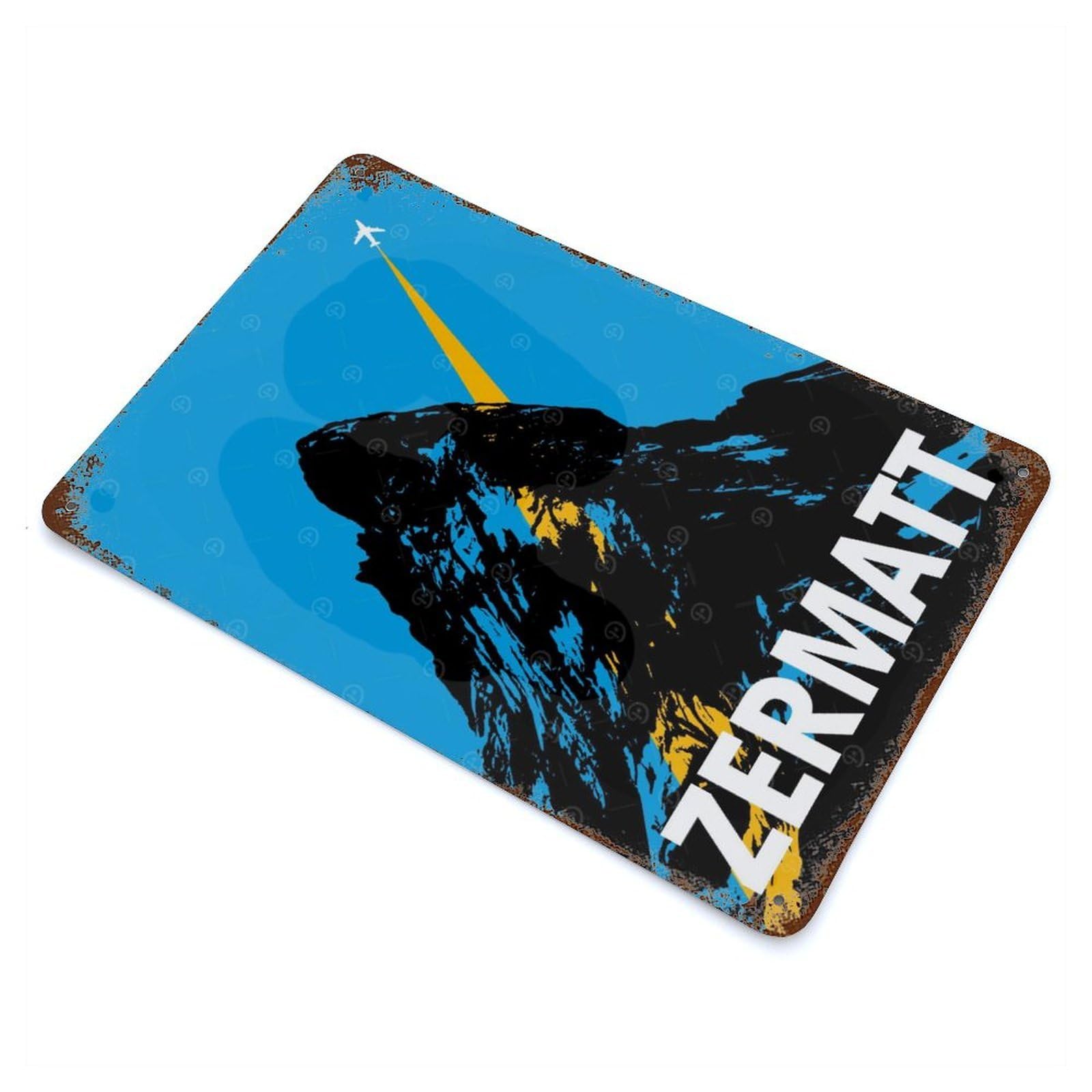 Garage Style Zermatt Mountain Airplane Travel Rustic Tin Plaque 11.8"x7.9", Classic Wall Plaque for Bar And Workshop
