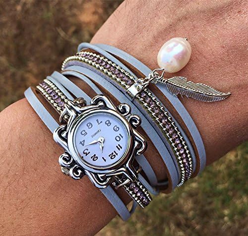 Miniatura 4 de MINILUJIA Reloj de cuero para mujer, estilo vintage, casual, con plumas, perlas, árbol de deseos, envolvente, con cierre magnético