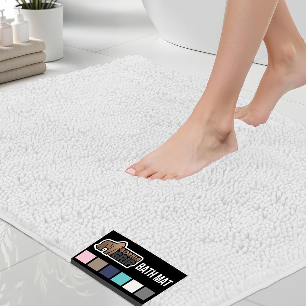 GORILLA GRIP Bath Rug Mat 48x24, Thick Soft Absorbent Chenille, Quick Dry Microfiber Mats, Rubber Backing Washable Shower Floor Rugs, Bathmat Runner, US Designed Bathroom Home Decor Accessories White White 48" x 24"