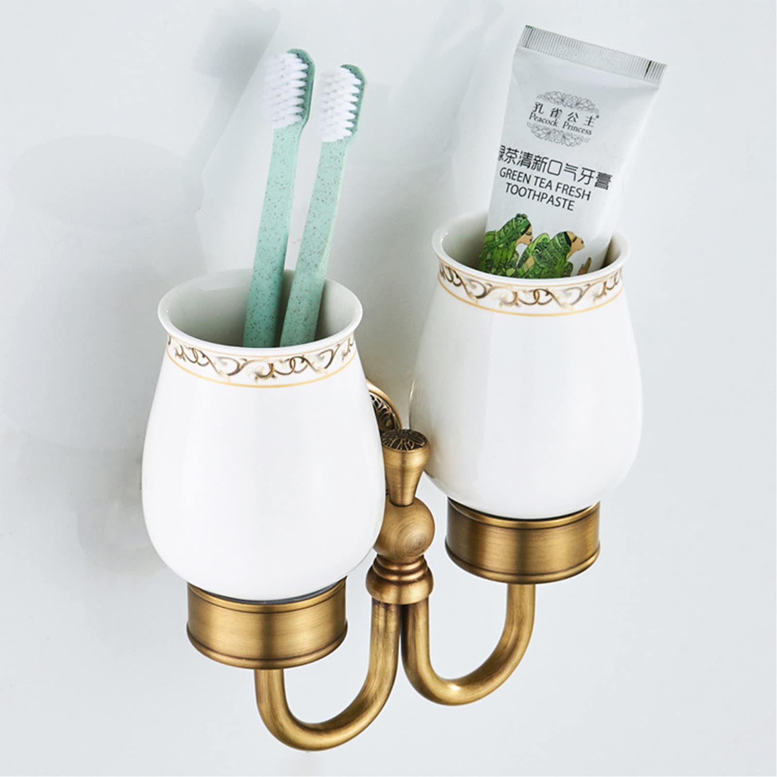 Soporte para Cepillo De Dientes, Cepillo De Dientes De Latón Retro con 2 Tazas De Cerámica, Soporte para Taza De Cepillo De Dientes De Baño Montado En La Pared para Accesorios De Baño
