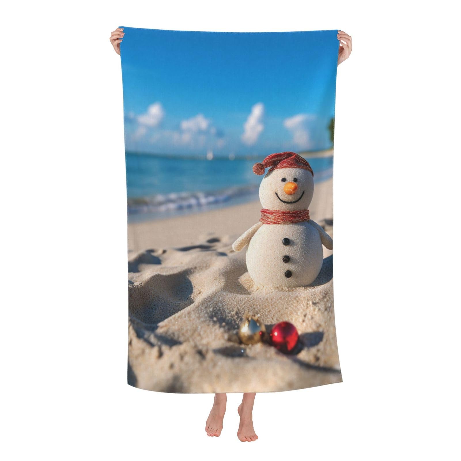 FodPand Sand Snowman on Beach Beach Towel Oversized 52 x 32 in Sand Free Pool Swim Towels for Adult Travel Blanket Lightweight Quick Dry Absorbent Bath Towels Cruise Vacation Accessories