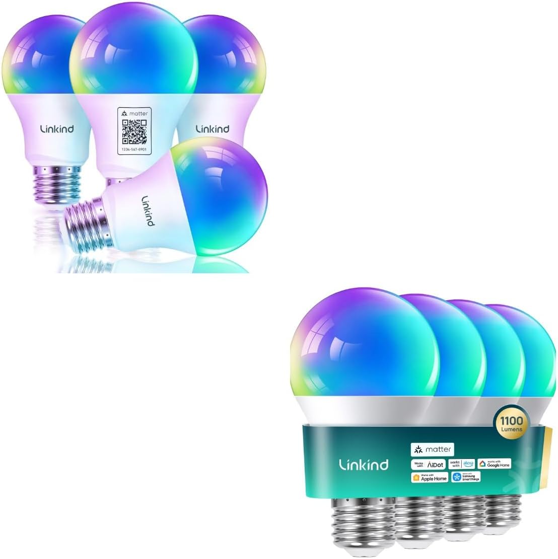 Matter Smart Light Bulbs 1100LM (75W Equivalent) 4Pack Bundle Matter Smart Light Bulbs 800LM (60W Equivalent) 4Pack (Compatible with Alexa/Apple Home/Siri/Google Home/SmartThings)