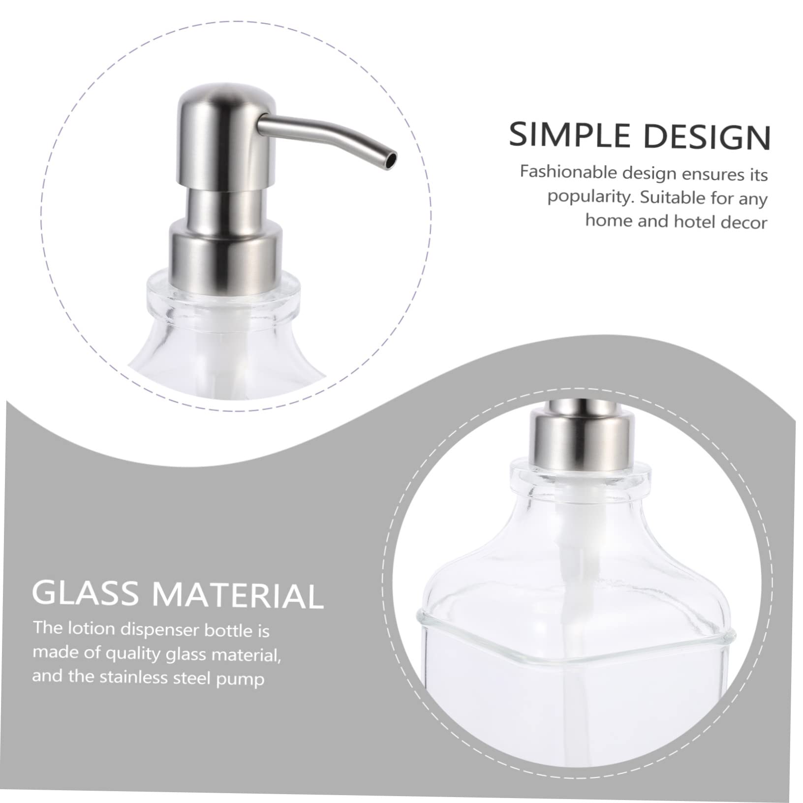 Soap Pump Dispenser de Jabón Líquido y Loción, Botella de Vidrio 300ml Bomba de Acero Inoxidable, Diseño Compacto para Hogar y Hotel