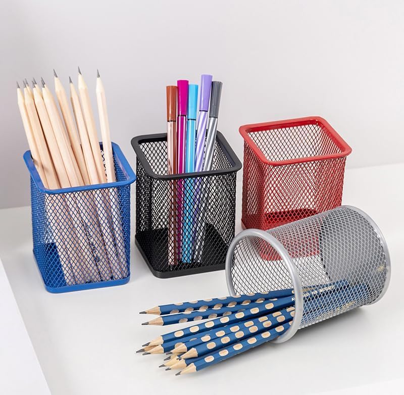 Image of Metal Mesh Pen Stand for Office & Home Desk | Black Stationery Holder Organizer for Pens, Pencils, Markers, Makeup Brushes | Durable Round Wire Mesh Pen Stand (Pack of 1) (Square Black)