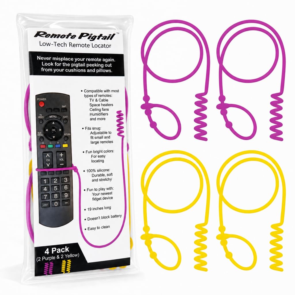 Remote Pigtail | Never Misplace Your Remote Again | Remote Tether | Lost Remote Solution | Fits Apple, Samsung, Sony, LG, Dyson and Other remotes | Silicone | 4-Pack (2 Purple & 2 Yellow)