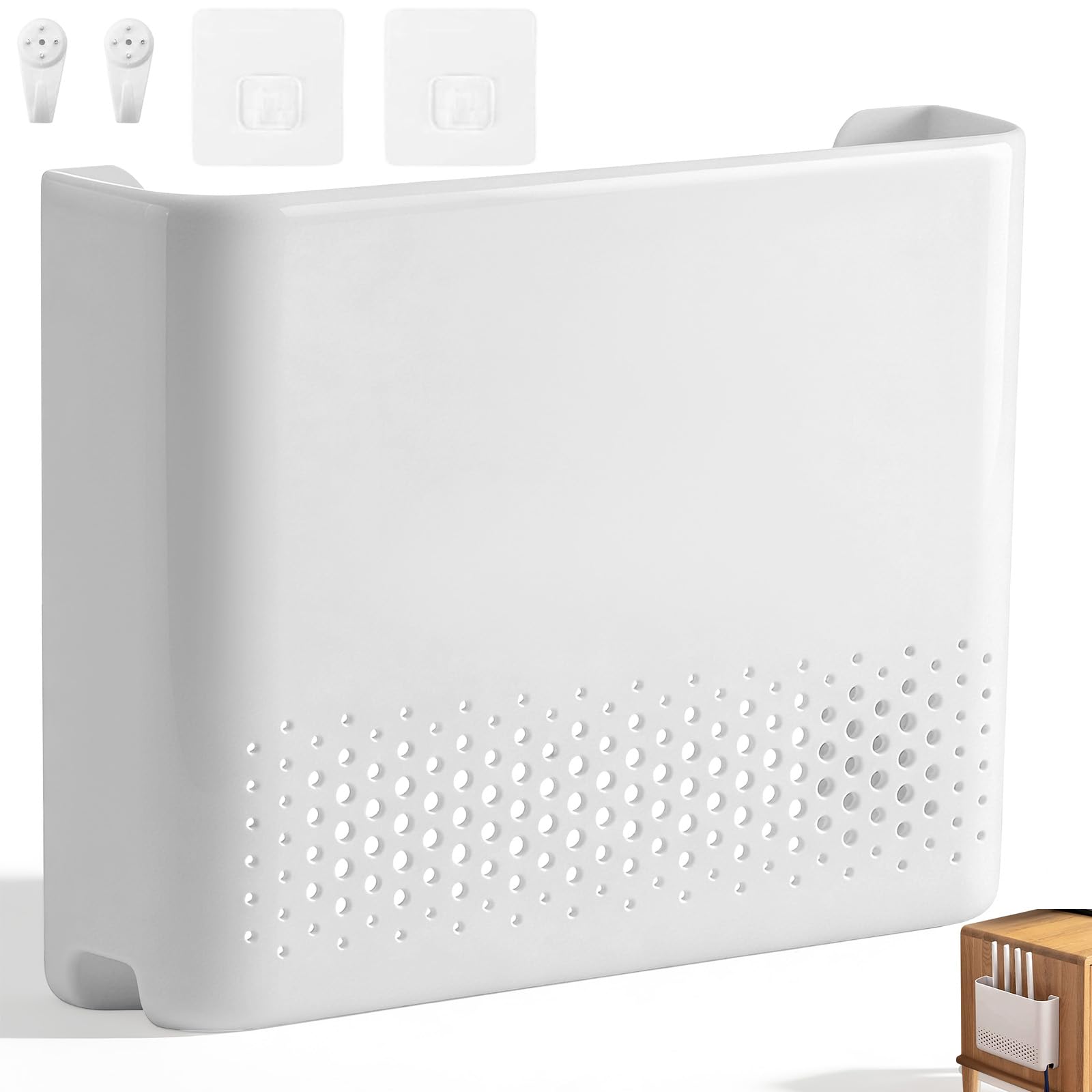 White Router Storage Box, Wall Mounted Router Storage Box, WiFi Router Hidden Box for TV Stand and Home Office (30x22x6.5 cm)