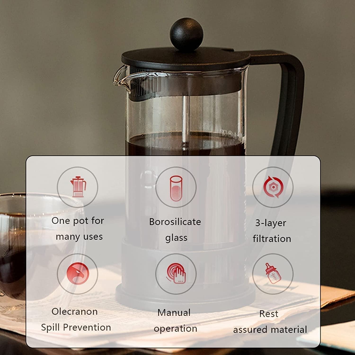 Cafetera de prensa, prensa de café, cafetera, cafetera, cafetera y tetera, pantallas de filtro de prensa de café de vidrio de borosilicato espesado, sin óxido y aptas for lavavajillas, fácil de limpia