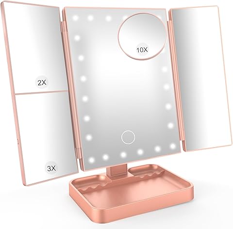 SURFOU Espejo de Maquillaje con Luces LED, 21 Leds, 3X Aumento (1X/2X/3X/10X), Espejo Tríptico Plegable, Pantalla Táctil 180° Ajustable, Dual USB/Batería, para Tocador - Oro Rosa