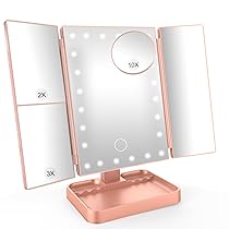 SURFOU Specchio da Tavolo Trucco Tri-Fold con 24 LED Touch, 1X, 2X, 3X, 10X Ingrandimento Regolabile, Luce Regolabile 180°, Alimentazione USB, Batteria, Donne – Oro rosa