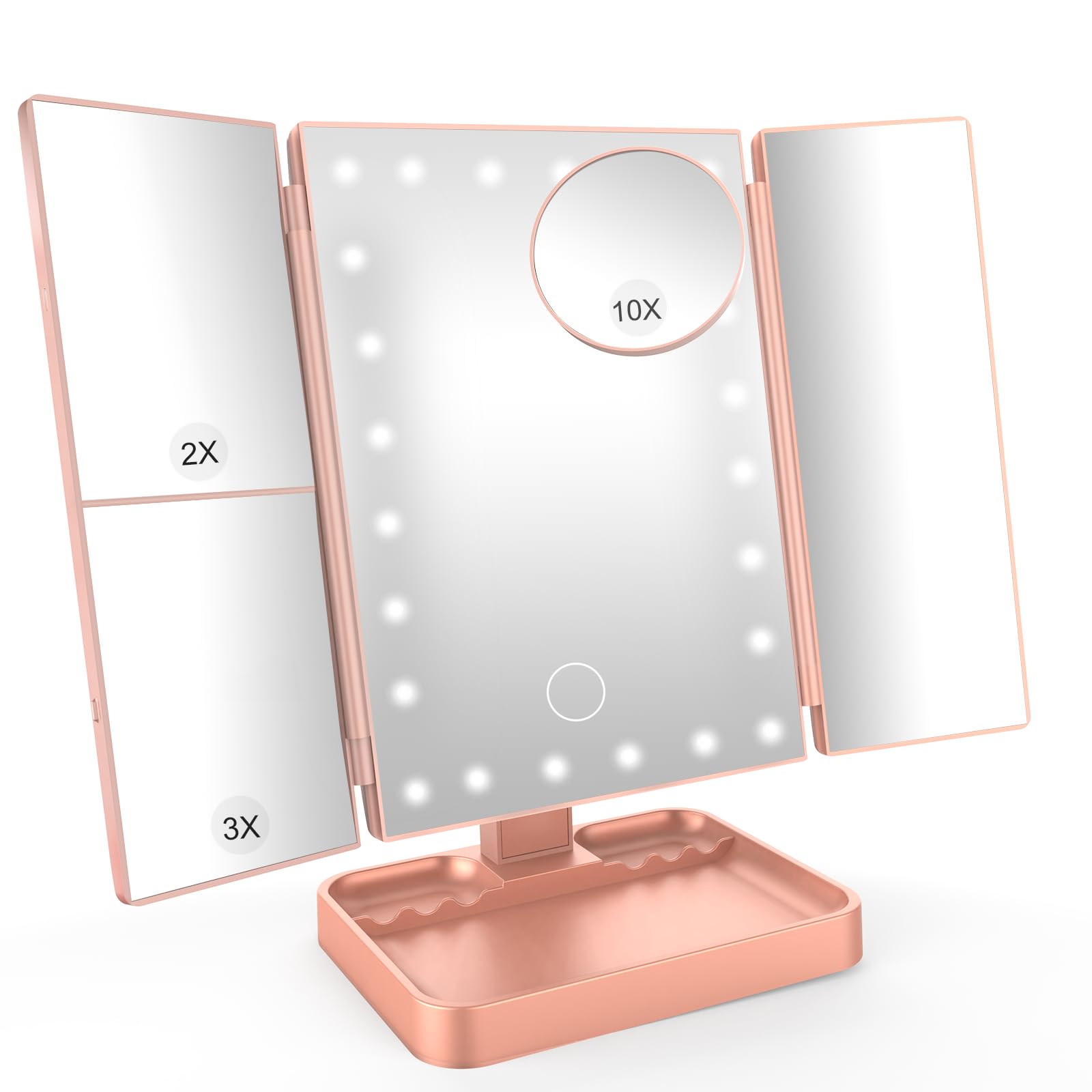 SURFOU Tri-fold Vanity Mirror, Travel Lighted Makeup Mirror with 24 LEDs, 1X/2X/3X/10X Magnification, Stepless Dimming, Portable USB Rechargeable Cosmetic Mirror