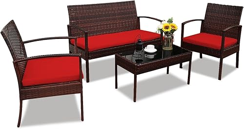 Miniatura 9 de Juego de 4 piezas de mimbre para patio al aire libre, funiture de mimbre de jardín para patio trasero, silla de ratán interior, grupo de asientos