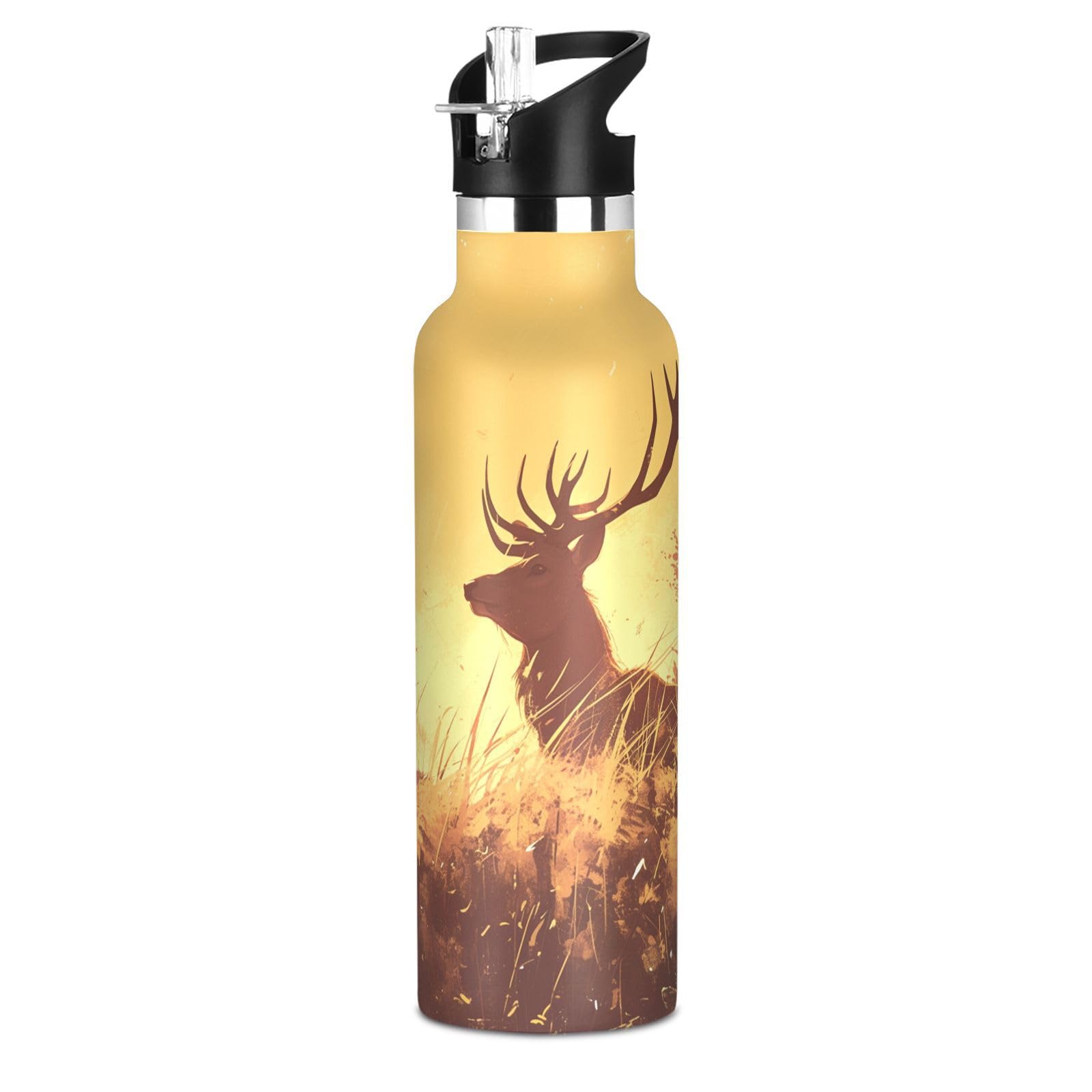 Kaaviyo Boys Pattern Brown Deer Warm Sunset Sky Water Bottle Stainless Steel Jug Insulated Vacuum Cup For Girls(600Ml)