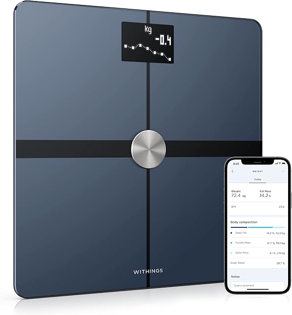 Withings Body+ - Wi-Fi Body Composition Smart Scale, Body Fat Monitor, BMI, Muscle Mass, Water Measurement, Digital Weight Bathroom Scale, Sync App Via Bluetooth or Wi-Fi