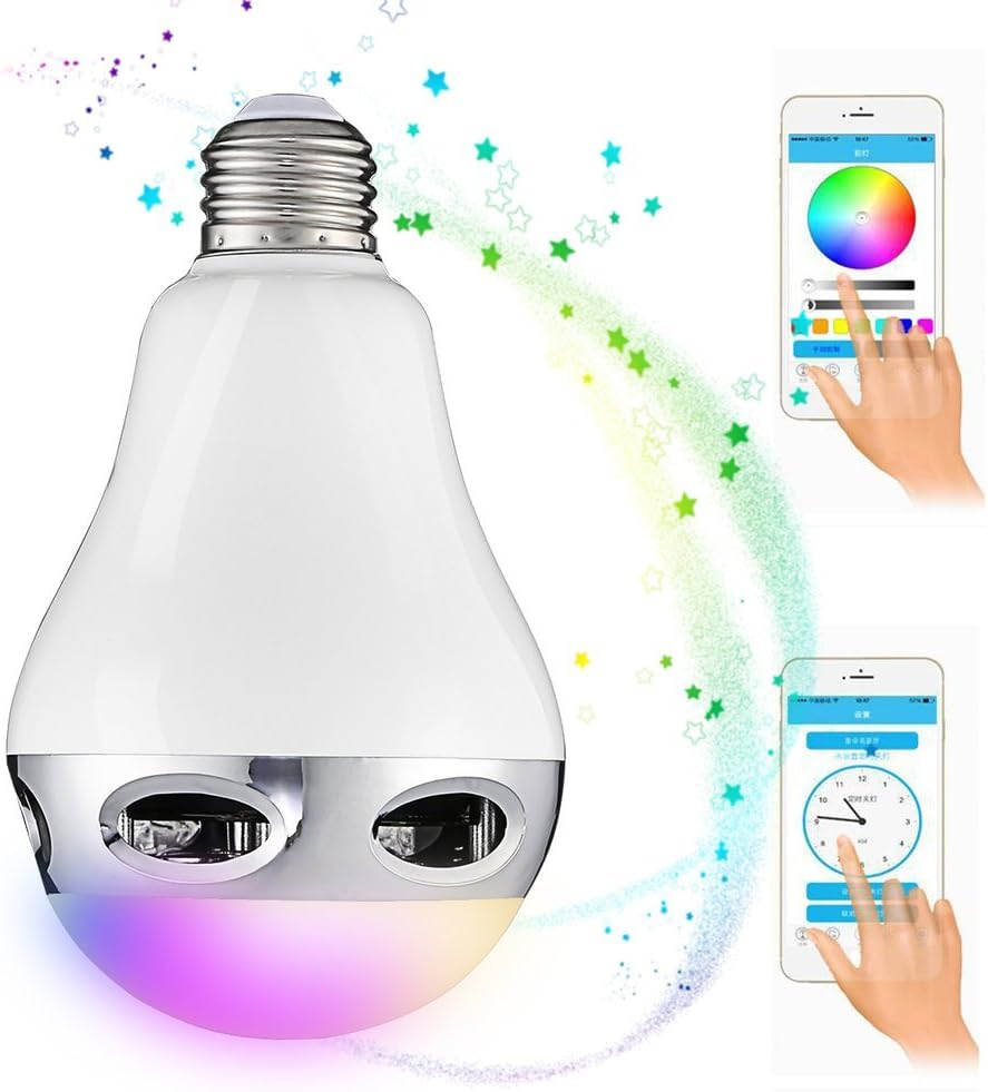 E27 LED Light Bulb 4.0 Bluetooth + Subwoofer Speaker 12 W RGB 5 W Dimmable Light Bulb coloured Bulb via an app compatible with Touchscreen Smartphones for Home Restaurants Cafe Bars Glow [Energy Class A+++]