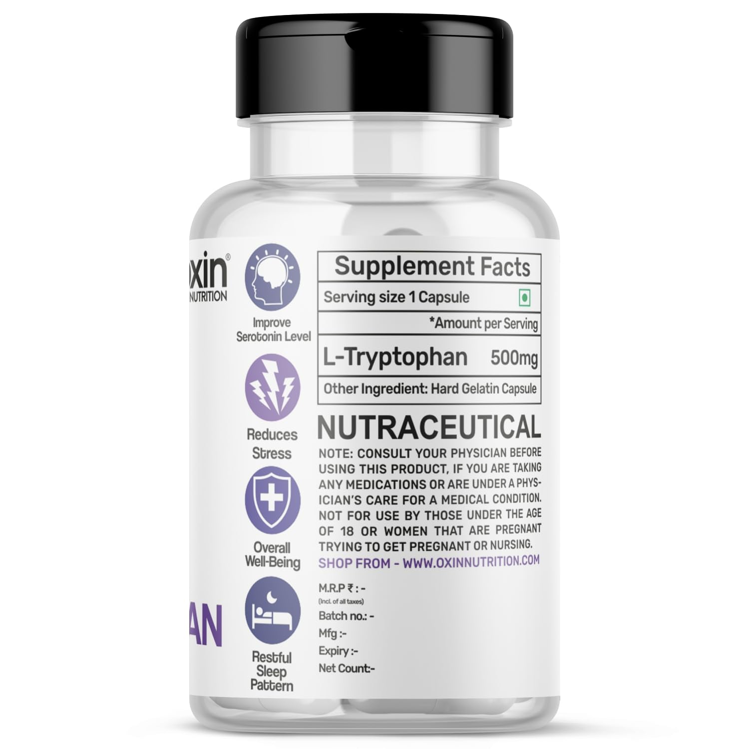 Oxin Nutrition L Tryptophan 500mg Capsule Pure Series Supports Restful Sleep and Relaxation (90 Capsules) — Amazon image 2