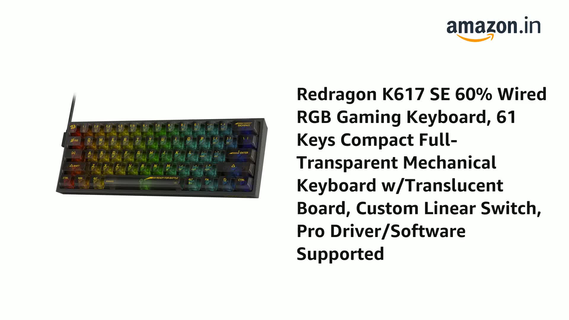 Redragon K617 SE 60% Wired RGB Gaming Keyboard, 61 tasti Tastiera meccanica compatta completamente trasparente w/scheda traslucida, interruttore lineare personalizzato, driver professionale/software