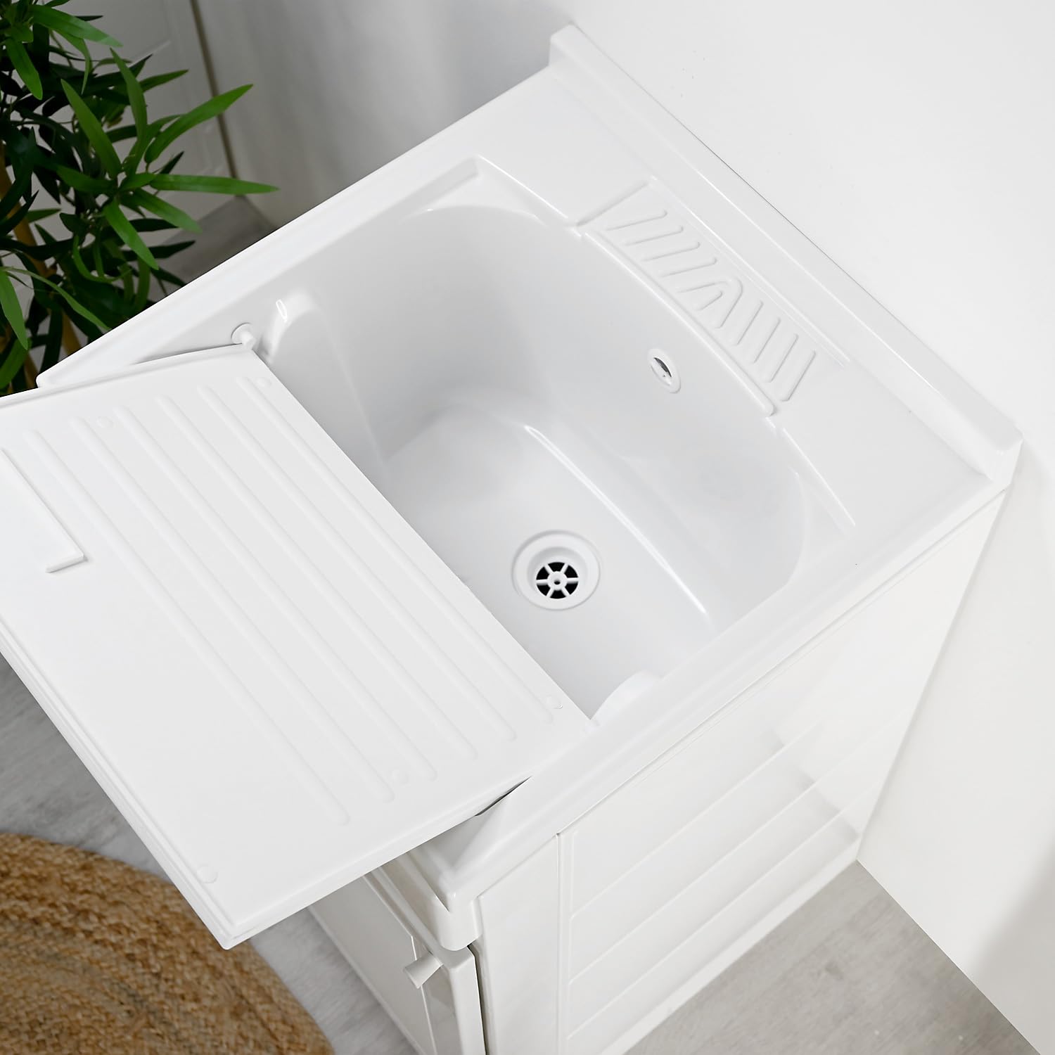 Lavatoio Lavapanni in Resina PP, Bianco, 50x50 Quadrata Ideale per Ricambio o Installazione su Mobile o Piano da appoggio in Lavanderia o Cucina Incluso di Kit Sifoneria