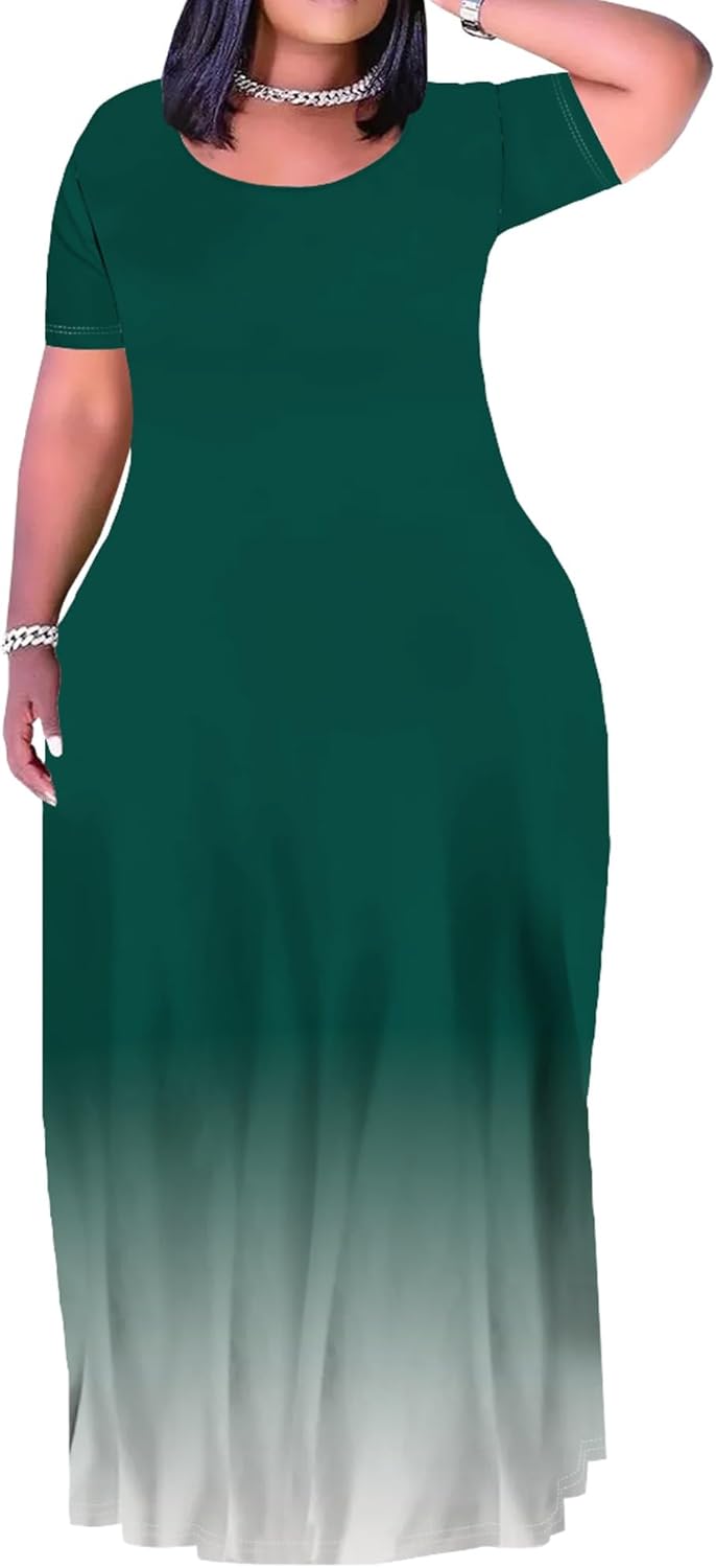Women's Plus Size Maxi Dresses Short Sleeve Sundress Summer T-Shirt Beach Long Dress with Pockets