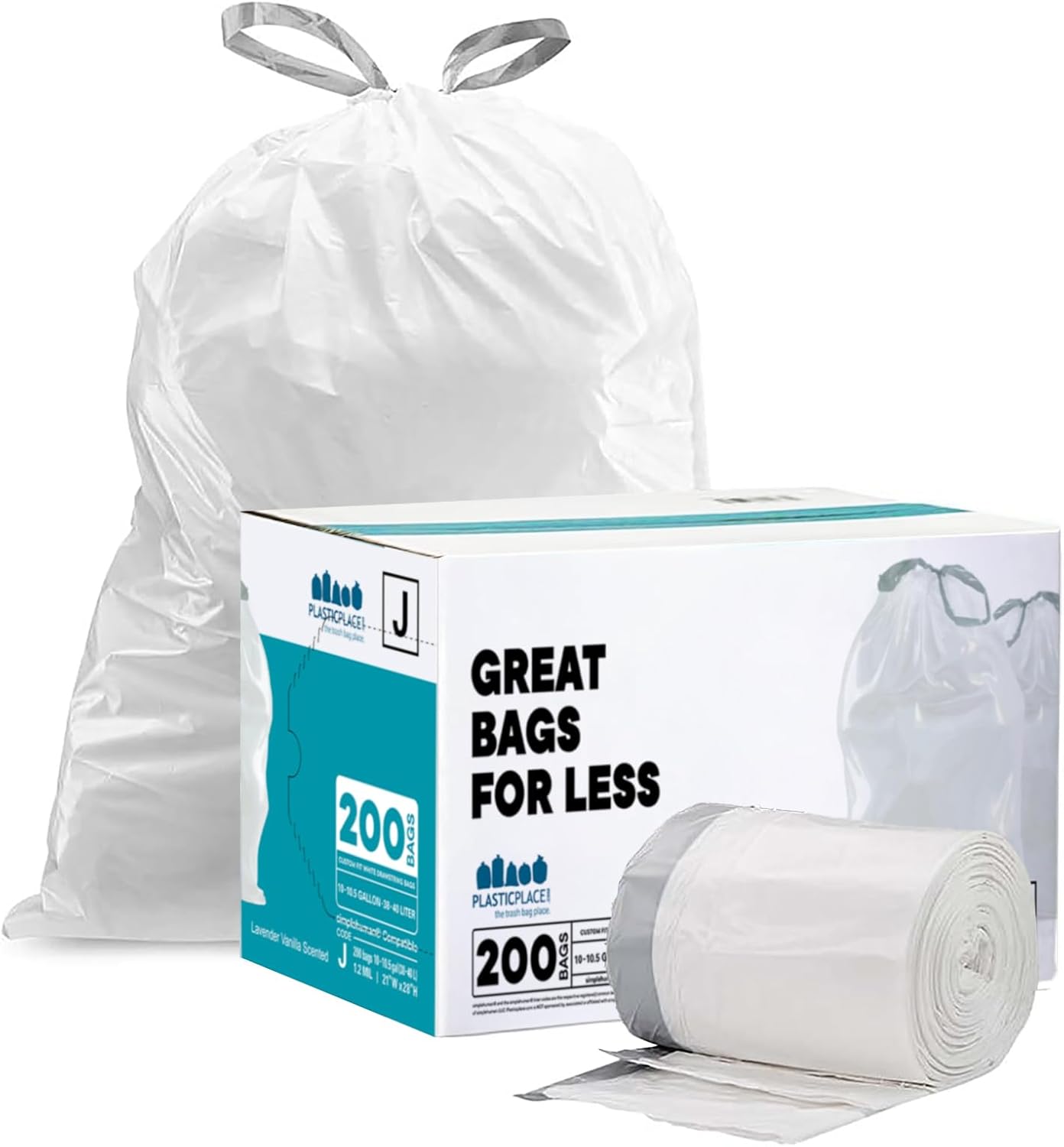 Plasticplace White Drawstring Lavender and Soft Vanilla Scented Garbage Can Liners, Compatible with Code J (200 Count) 10-10.5 Gallon / 38-40 Liter, 21" x 28 "