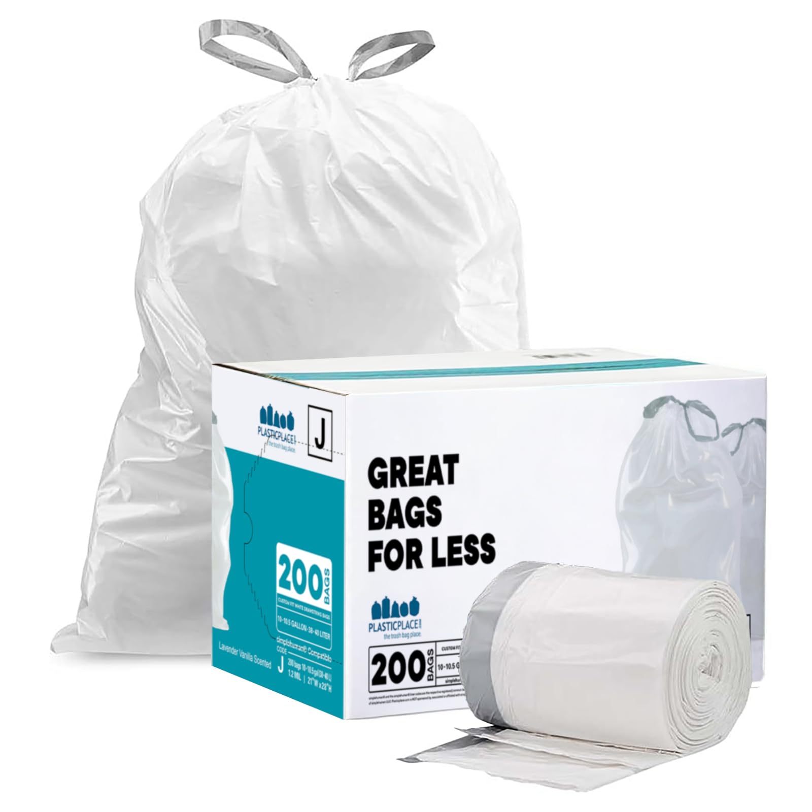 Plasticplace Bolsas de basura con cordón blanco con aroma a lavanda y vainilla suave │ Compatible con código J (200 unidades) │ 10-10.5 galones/38-40 litros │ 21 x 28 pulgadas