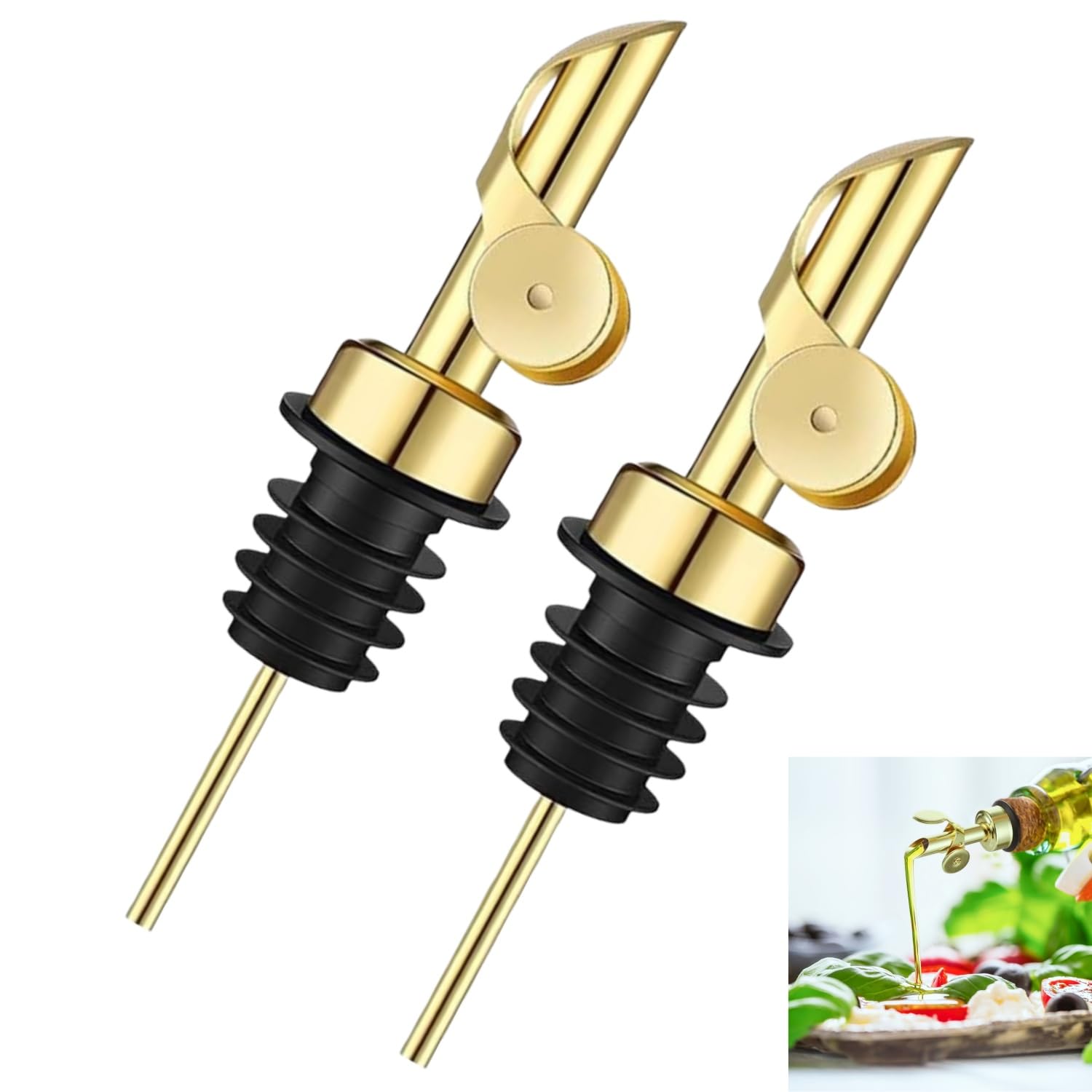 Bessy Shop Gold Stainless Steel Oil Dispenser Spout 2Pcs, Automatic Opening & Closing Bottle Pourers, Leak-Proof Olive Oil Pourer For Vinegar, Wine, Liquor, Syrup(Gold)