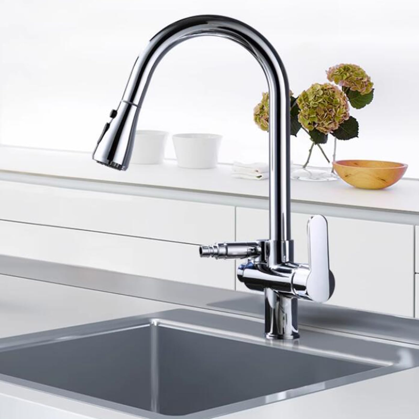 ZQFHSX Kitchen Faucet with Dishwasher Connection, Pull Out 360° Swivel, Hot and Cold Water, Brass Sink Tap