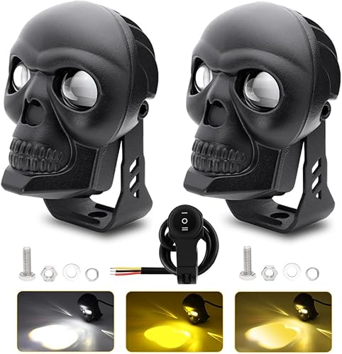 UHONSN 2PCS Skull LED Motorcycle Driving Fog Lights 38W 3000Lm Led Pod Lights Bar Spotlight Auxiliary Light Headlights for Jeep Offroad Truck Cart