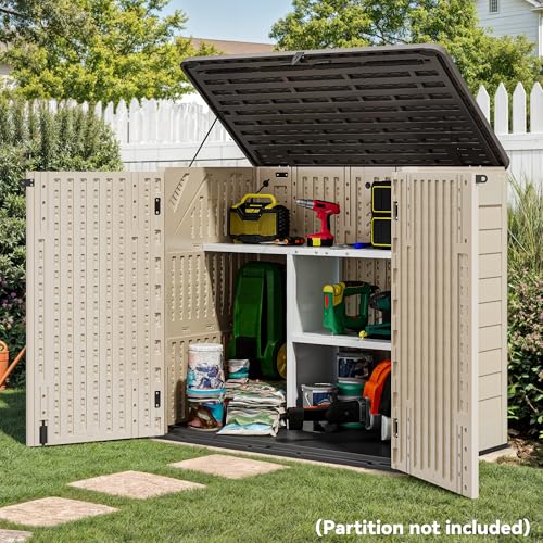 Image of YITAHOME Outdoor Storage Shed w /o Shelf, 30 cu ft Horizontal Storage Shed Outdoor, Resin Waterproof Storage Cabinet for Garage, Poolside, Bikes, and Garden (Khaki + Black)