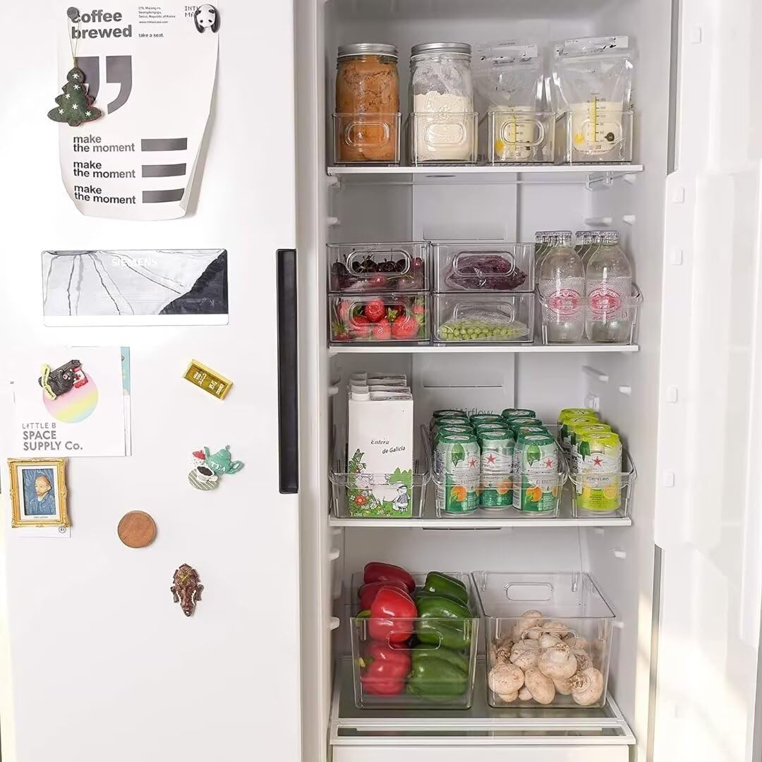 Lot de 8 Boîtes de Rangement Transparentes avec Poignées – Organisateurs Réfrigérateur Empilables sans BPA – Bacs Cuisine, Frigo, Congélateur, Salle de Bain – 25x15x7,6 cm & 25x10x7,6 cm