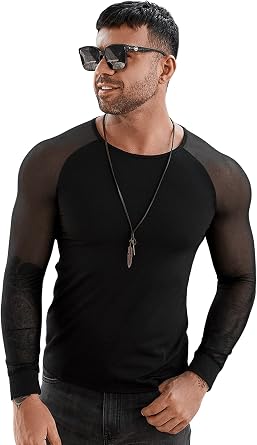Verdusa Mens Round Neck Mesh Long Sleeve Slim Fit Semi Sheer Tee Shirt Clubwear Top
